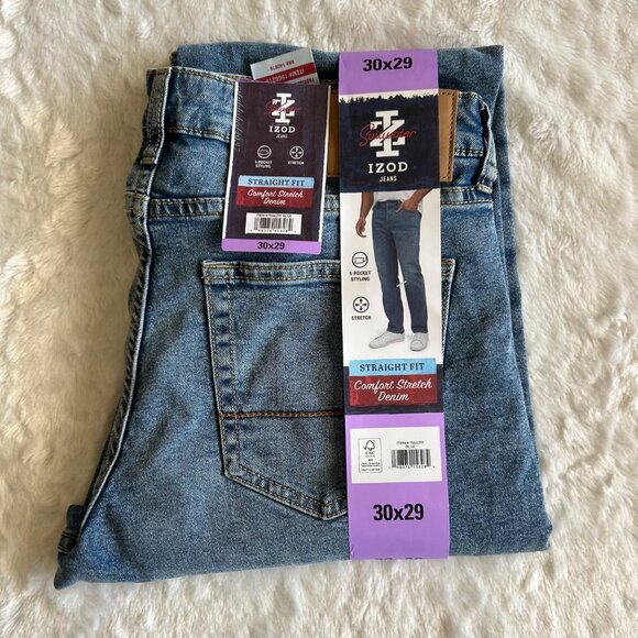 NWT Izod Mens Straight Leg Comfort Stretch Denim Jeans 30x29 Med Wash - Picture 2 of 3